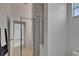 A corner view of a walk-in shower featuring glass doors and tile surround at 2803 Abbey Grove Dr, Valrico, FL 33594