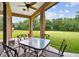 View of backyard and covered patio with outdoor table and chair seating area at 4608 Scott Rd, Lutz, FL 33558