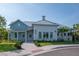 Charming community building with a light blue exterior, metal roof, and well-manicured landscaping at 5446 Suncatcher Dr, Wesley Chapel, FL 33545