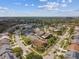 Expansive aerial of a community featuring diverse homes, tree-lined streets, and a picturesque lake backdrop at 8601 Chadwick Dr, Tampa, FL 33635