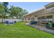 Lush backyard featuring a covered patio with an outdoor sofa and string lights, plus an area with blue Adirondack chairs at 13514 Oval W Dr, Largo, FL 33774