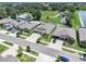 Neighborhood aerial view showcases manicured lawns, modern homes, and proximity to a pond and green common area at 146 Rain Berry Ave, Ruskin, FL 33570