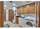 Efficient laundry room featuring modern washer and dryer units with ample cabinetry at 414 Summit Chase Dr, Valrico, FL 33594