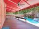 Covered patio with ceiling fans overlooking a sparkling pool and landscaped backyard at 4521 W Azeele St, Tampa, FL 33609