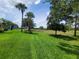 Beautiful view of the backyard, featuring palm trees, lush grass, and mature shade trees at 611 Tremont Greens Ln, Sun City Center, FL 33573