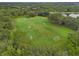 Aerial view of soccer field surrounded by lush green space and trees in a community at 9348 Deer Creek Dr, Tampa, FL 33647