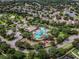 Drone view of a community pool and playground surrounded by homes, manicured lawns, and tropical foliage at 12716 Evington Point Dr, Riverview, FL 33579