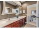 Modern bathroom featuring a double vanity, white countertops, and an oversized framed mirror at 2354 Messenger Cir, Safety Harbor, FL 34695