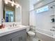 Bathroom featuring a shower/tub combo, subway tile and modern fixtures at 2890 Alexandria Marie Ln, Lutz, FL 33559