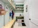 Well-organized mudroom with built-in storage, bench, and cat, perfect for a tidy entryway at 2890 Alexandria Marie Ln, Lutz, FL 33559