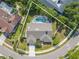 An aerial shot showcasing the property's layout, private pool, and surrounding lush greenery at 465 Holly Hill Rd, Oldsmar, FL 34677