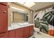 Bathroom boasts custom vanity, large mirror, and tropical shower curtain accents at 4900 Brittany S Dr # 613, St Petersburg, FL 33715