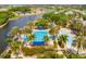 Aerial view of pool with palm trees, lake, and dock, complete with chairs and beautiful landscaping at 5102 Coastal Scene Dr, Apollo Beach, FL 33572