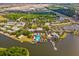 A scenic aerial view showcasing the community pool, surrounding neighborhood, and picturesque lake with lush greenery at 5102 Coastal Scene Dr, Apollo Beach, FL 33572