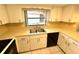 Cozy kitchen featuring white cabinets, double sink, and backyard view at 613 Sandy Hollow Rd, Tarpon Springs, FL 34689