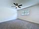 Bright bedroom features a modern ceiling fan, plush carpet, and a window with a view of the outdoors at 6602 Winding Brook Dr, New Port Richey, FL 34655