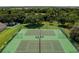 Top down shot of two tennis courts with lighting poles surrounded by tall trees at 9709 Bay Colony Dr, Riverview, FL 33578
