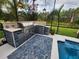 Outdoor kitchen beside a pool featuring stainless steel appliances and a scenic backyard view at 10532 Cory Lake Dr, Tampa, FL 33647