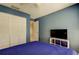 Bedroom with blue walls, closet, and TV on a storage unit at 11641 Branch Mooring Dr, Tampa, FL 33635