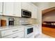 Bright kitchen featuring white cabinets, stainless steel microwave, and a view into the cozy living room at 11641 Branch Mooring Dr, Tampa, FL 33635