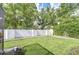 Backyard features a white textured privacy wall, green grass, and tropical foliage at 13903 Wolcott Dr, Tampa, FL 33624