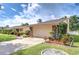 A long driveway leads to an attached garage with a beige door, surrounded by lush landscaping at 13903 Wolcott Dr, Tampa, FL 33624