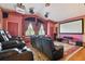 A home theater is beautifully designed with leather chairs, screen, projector and surround sound at 17923 Arbor Haven Dr, Tampa, FL 33647