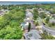 Aerial view of neighborhood with tree-lined streets and homes featuring screened-in pools near Tampa Bay at 313 Oak Crest Dr, Safety Harbor, FL 34695
