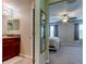 Open view of the bathroom with wood vanity and a view of the bedroom with a ceiling fan at 4023 Wild Senna Blvd, Tampa, FL 33619