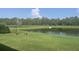 Picturesque pond surrounded by green lawn and trees at 4239 Woodland Retreat Blvd, New Port Richey, FL 34655