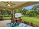 Relaxing screened patio with a dining set overlooking the backyard and a storage shed at 5153 Bayley St, North Port, FL 34288