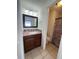 Bathroom features a vanity with a marble countertop and a shower with patterned curtain at 9106 Telford Ct, Tampa, FL 33615