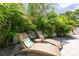 Beautiful patio area featuring lounge chairs, small table, and lush tropical landscaping at 9591 Commodore Dr, Seminole, FL 33776