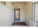 A welcoming front entry featuring a decorative glass door and stylish rug, adding charm to the home's facade at 1111 Jasmine Creek Ct, Sun City Center, FL 33573