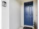 Close-up of a stylish navy blue front door with modern hardware and welcoming entryway décor at 11123 Thornberry Dr, Spring Hill, FL 34609