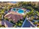 Stunning aerial view of the community pool, clubhouse, palm trees and surrounding lush landscape at 11354 Callisia Dr, Odessa, FL 33556