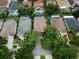 Aerial view of homes featuring private pools, lush landscaping, and well-maintained lawns at 11821 Easthampton Dr, Tampa, FL 33626