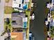 Aerial view of beautiful home with tile roof, pool, and boat dock on a scenic waterfront property at 1399 49Th Ne Ave, St Petersburg, FL 33703