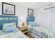 Inviting bedroom featuring two beds with blue headboards and light yellow nightstand at 17500 Gulf Blvd # 407, Redington Shores, FL 33708