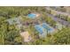 A scenic aerial view of community courts, including volleyball and tennis, with a pool and lush landscaping at 2124 Rensselaer Dr, Wesley Chapel, FL 33543