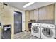 This laundry room features a washer, dryer, sink, cabinetry, and direct access to the exterior at 3207 Hilltop Ln, Largo, FL 33770