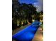 Tranquil backyard oasis featuring a glowing, modern pool illuminated against a backdrop of lush landscaping and palm trees at dusk at 4807 W Longfellow Ave, Tampa, FL 33629