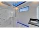 Modern bathroom features a glass enclosed shower, window, and black countertop at 6520 Simone Shores Cir, Apollo Beach, FL 33572