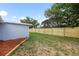 Well-maintained backyard featuring a newly installed wooden fence with lush green grass and mulch filled garden beds at 6804 Tierra Verde St, Port Richey, FL 34668