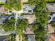 Aerial view of homes with solar panels, lush lawns, a private pool, and mature trees at 6918 Potomac Cir, Riverview, FL 33578