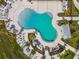 The community pool is surrounded by palm trees, landscaping, and lounge chairs in this aerial photograph at 9577 Sandy Bluffs Cir, Parrish, FL 34219