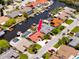 Aerial view of canal front homes, featuring a home with a red tile roof and a private dock at 9909 San Mateo Way, Port Richey, FL 34668