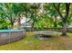 Backyard with a pool, trampoline, and mature trees adding shade and privacy at 1403 W Pradera Ave, Tampa, FL 33612