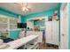Turquoise bedroom with ample storage, including a large dresser, shelves, and a window offering natural light at 1403 W Pradera Ave, Tampa, FL 33612