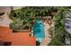 Aerial view of a beautiful pool with a spa, outdoor dining and lounging areas surrounded by lush landscaping at 1427 40Th Ne Ave, St Petersburg, FL 33703
